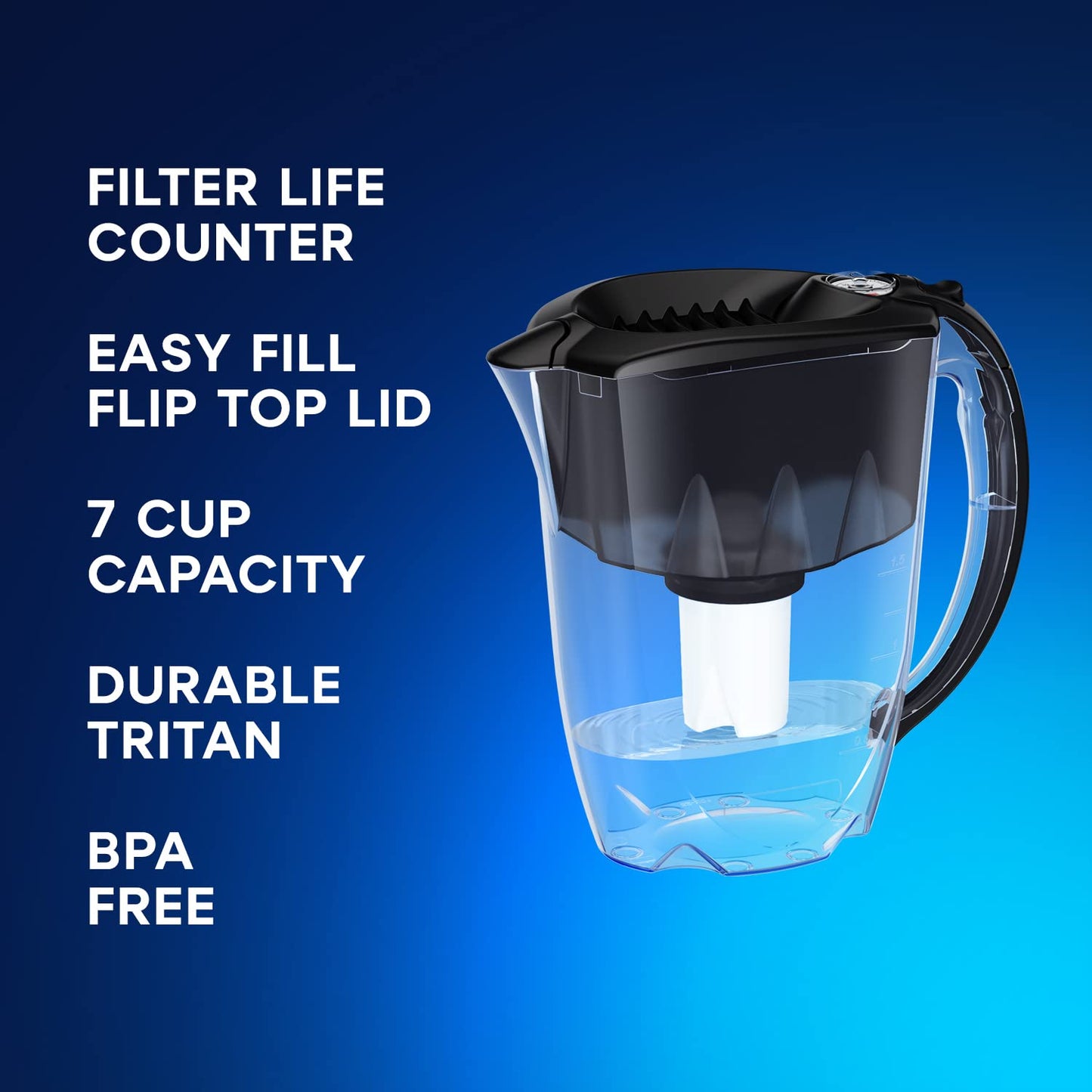 Twinkliss 7-Cup Water Filtration Pitcher - Black, Includes 1 x B15 Filter