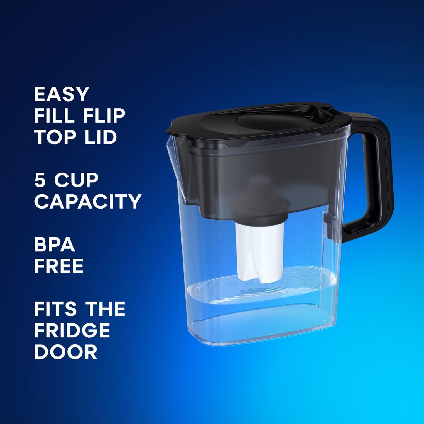Twinkliss 5-Cup Water Filtration Pitcher - Black, Includes 1 x B15 Filter